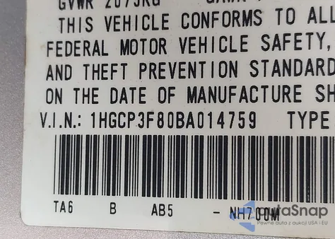 2011 Honda Accord 3.5 Ex-L from USA, damaged, VIN 1HGCP3F80BA014759